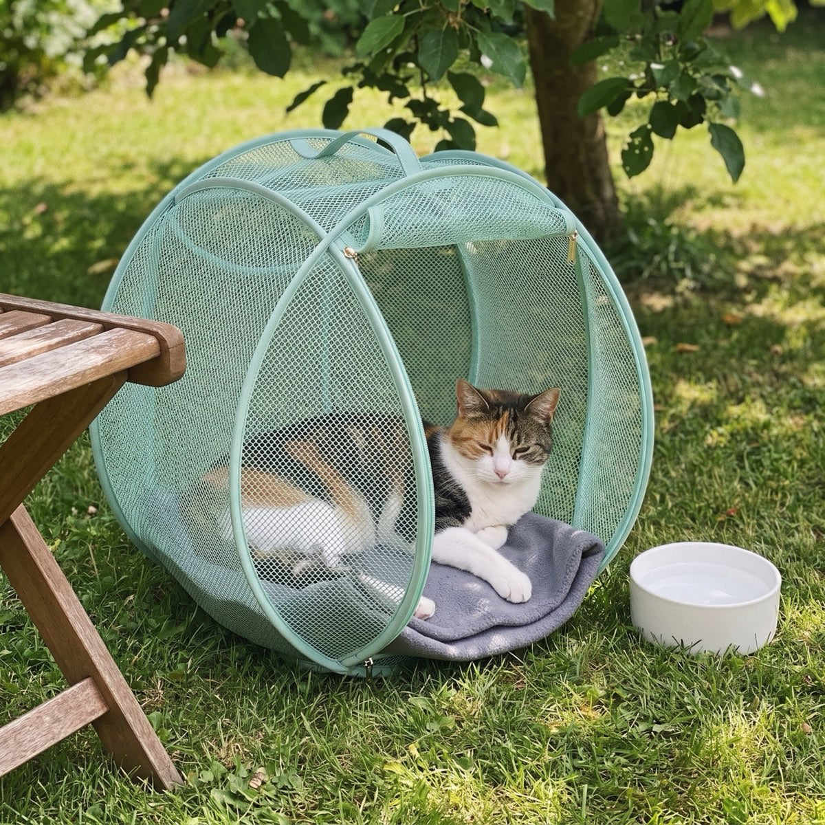 Calico cat dozing on a blanket inside the pod in the shade, water bowl beside it