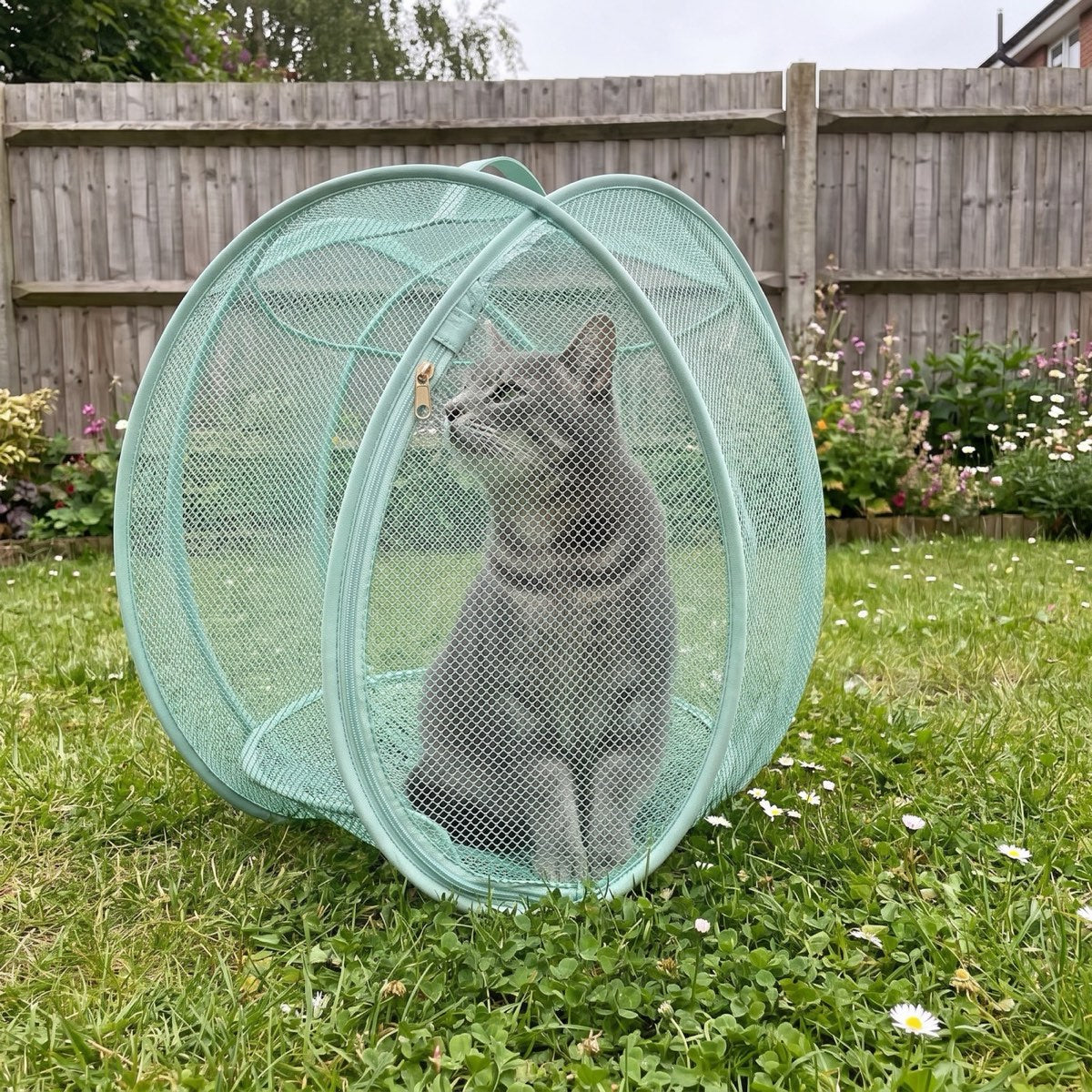 Grey tabby cat sitting calmly inside the mint pod on a lawn with daisies